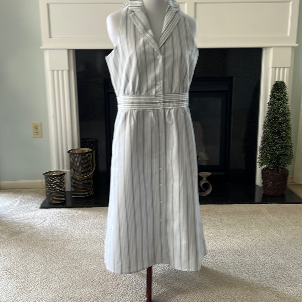 Button down halter dress.Knee length, white with black and blue stripes.
